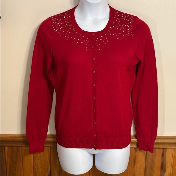 Central Park West Sweaters - Central Park West Red Cardigan with Embellished Shoulders  Size L